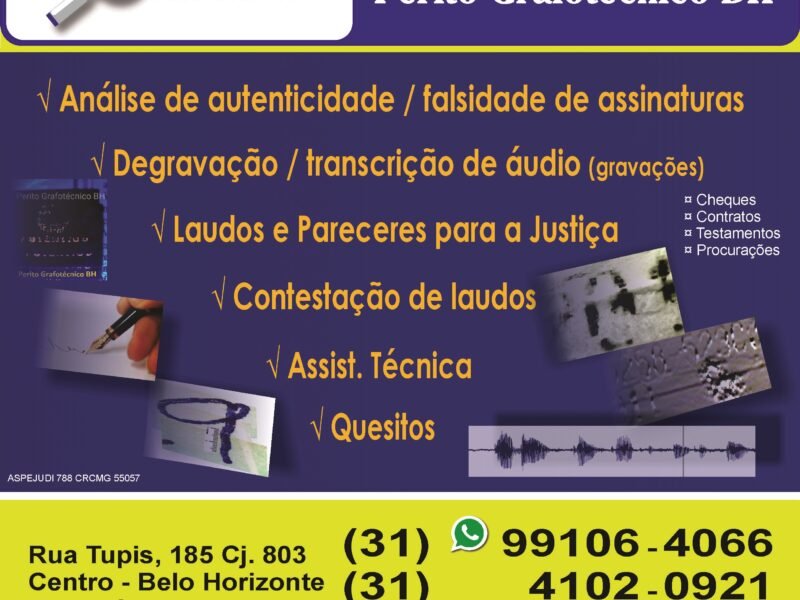 Larga experiência em Análise de Assinaturas, Verificar Autenticidade de Documentos, Elaboração de quesitos, Assistência Técnica