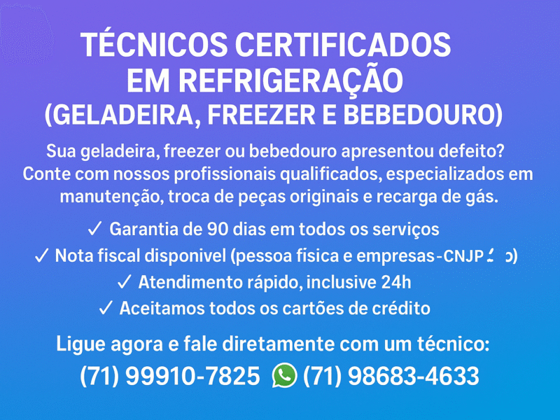 Técnicos Certificados em Refrigeração (Geladeira, Freezer e Bebedouro) ❄️