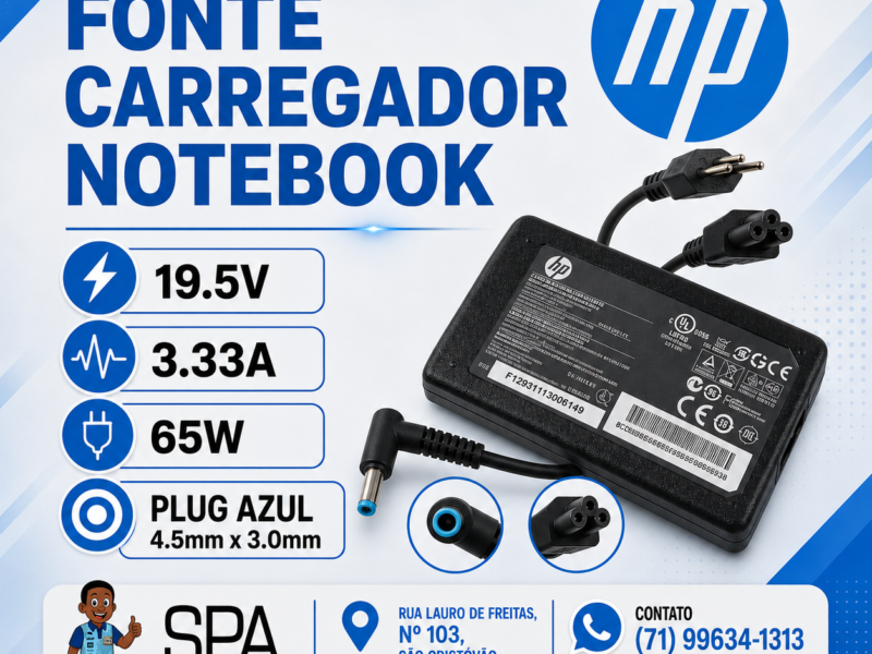 Fonte Carregador Notebook Hp 19.5v 3.33a 65w Plug azul 4.5mm 3,0mm
